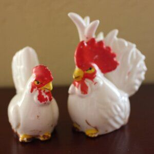 Vintage White Porcelain Hen and Rooster Salt & Pepper Shakers